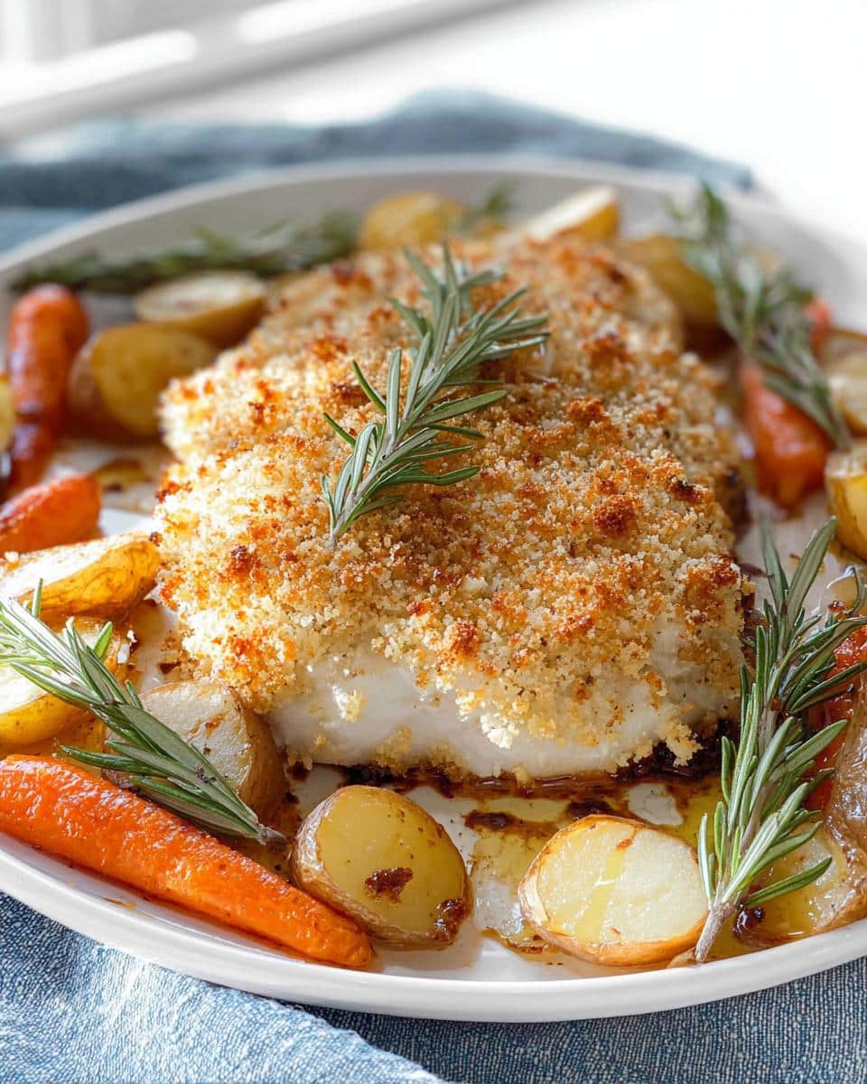 A crusted white fillet, likely chicken, served with roasted potatoes, carrots, and fresh rosemary sprigs.