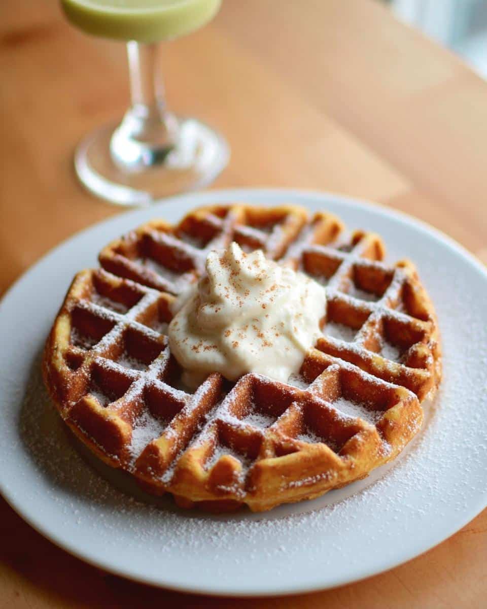 An Eggnog Belgian Waffle topped with whipped cream and powdered sugar on a white plate.