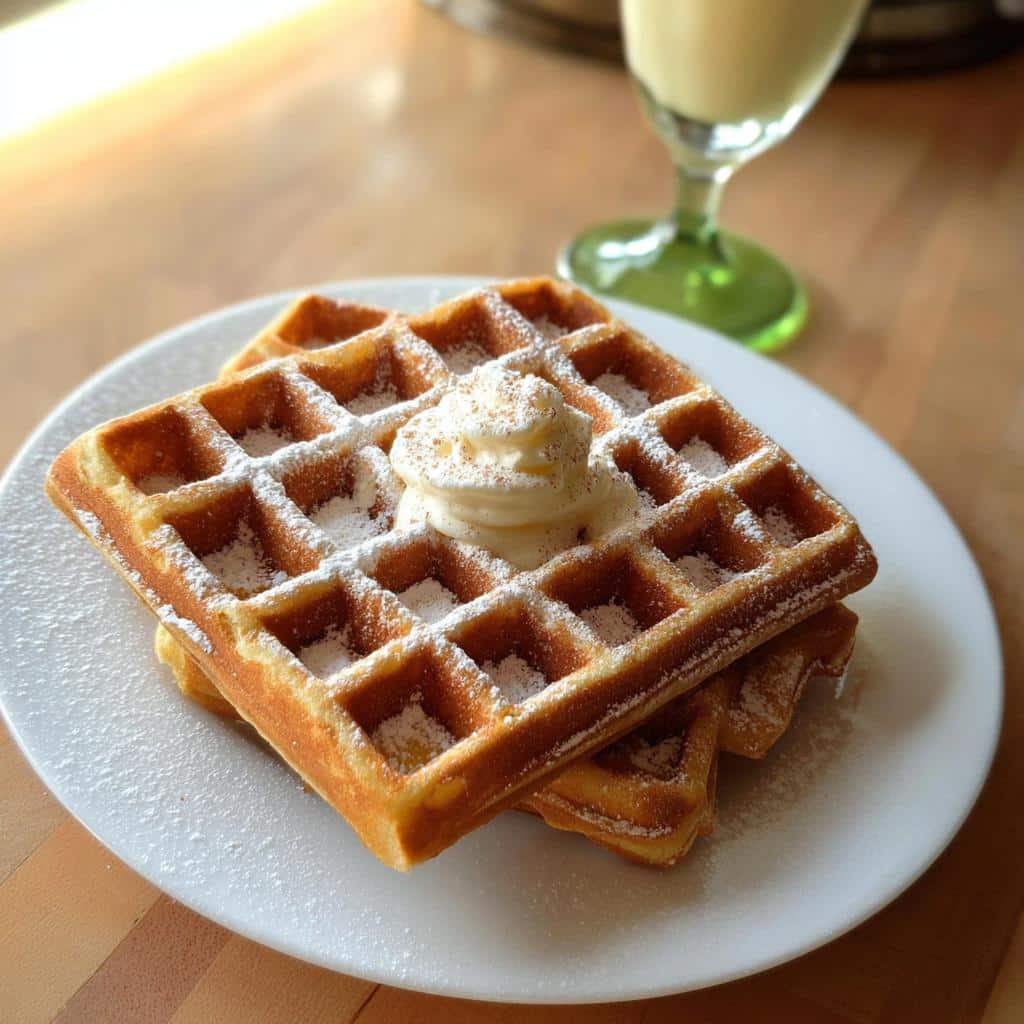 Two Eggnog Belgian Waffles stacked on a white plate, topped with cream and powdered sugar.