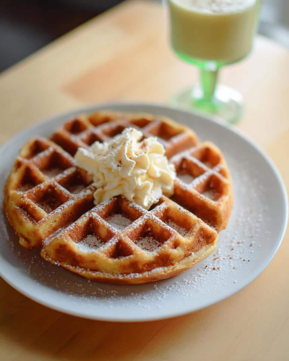 A plate of golden Eggnog Belgian Waffles topped with whipped cream and powdered sugar.