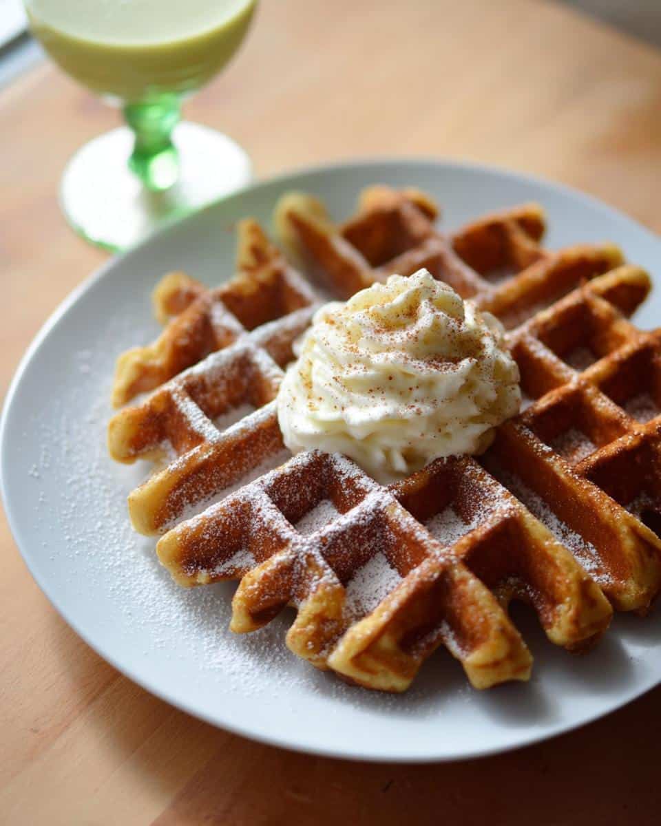 A plate of Eggnog Belgian Waffles topped with whipped cream and dusted with powdered sugar and cinnamon.