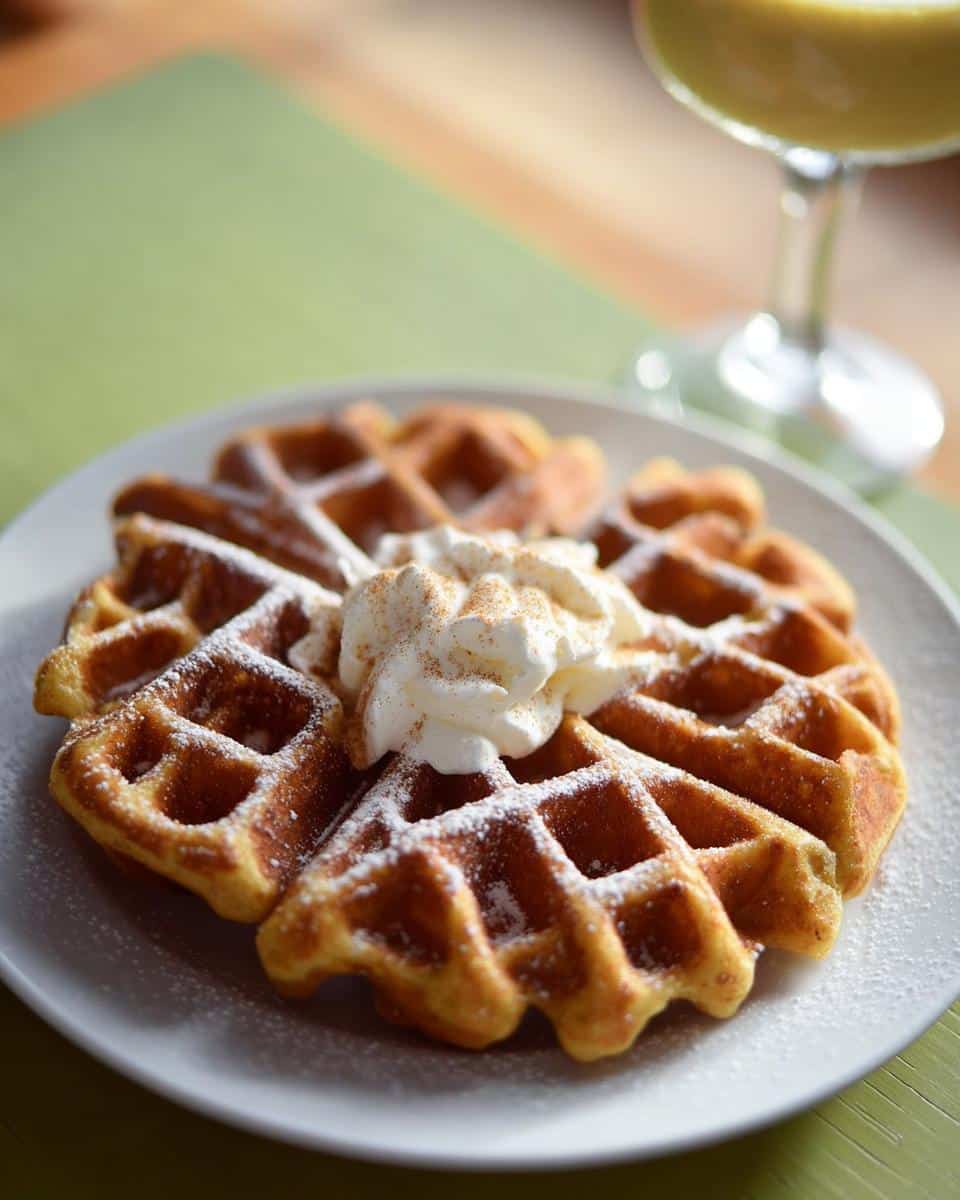 A plate of golden Eggnog Belgian Waffles, topped with whipped cream and a dusting of cinnamon.