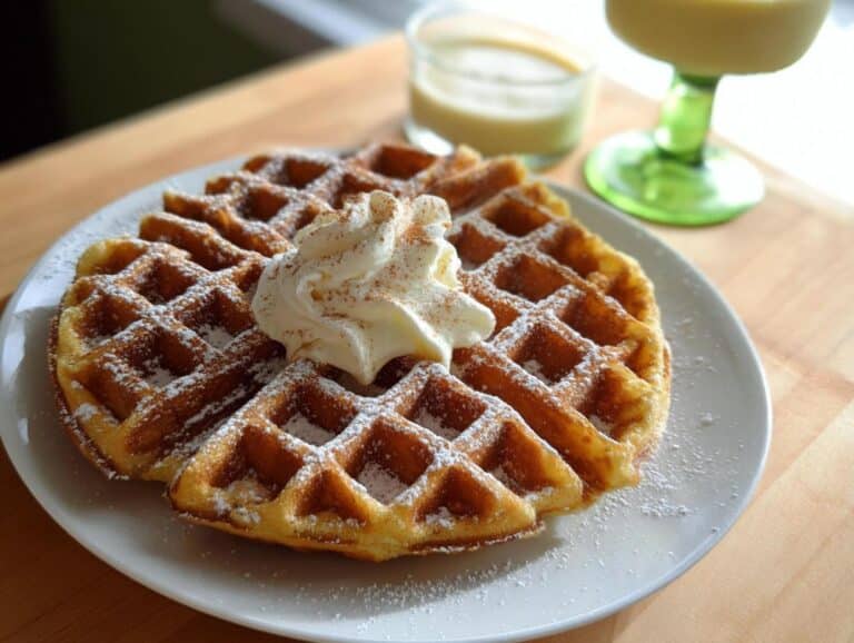 A plate of golden Eggnog Belgian Waffles topped with whipped cream and powdered sugar, served with eggnog.