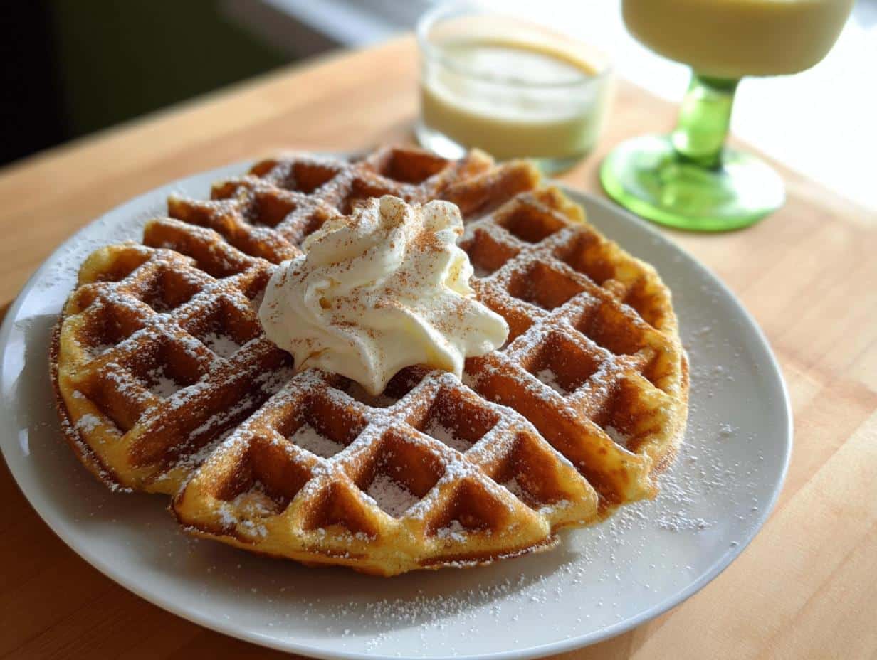 A plate of golden Eggnog Belgian Waffles topped with whipped cream and powdered sugar, served with eggnog.