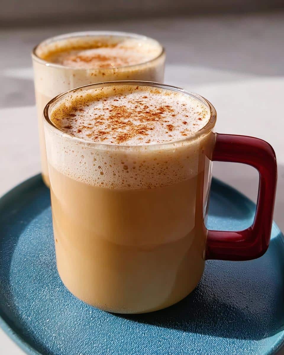 Two mugs of Eggnog Latte, topped with foam and cinnamon, sitting on a blue plate.
