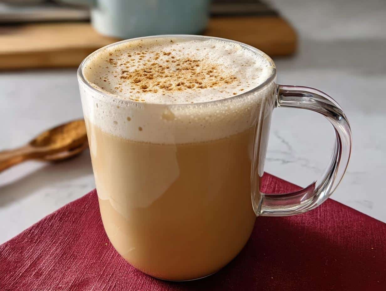 A delicious homemade Eggnog Latte in a clear glass mug, topped with foam and sprinkled with spices.