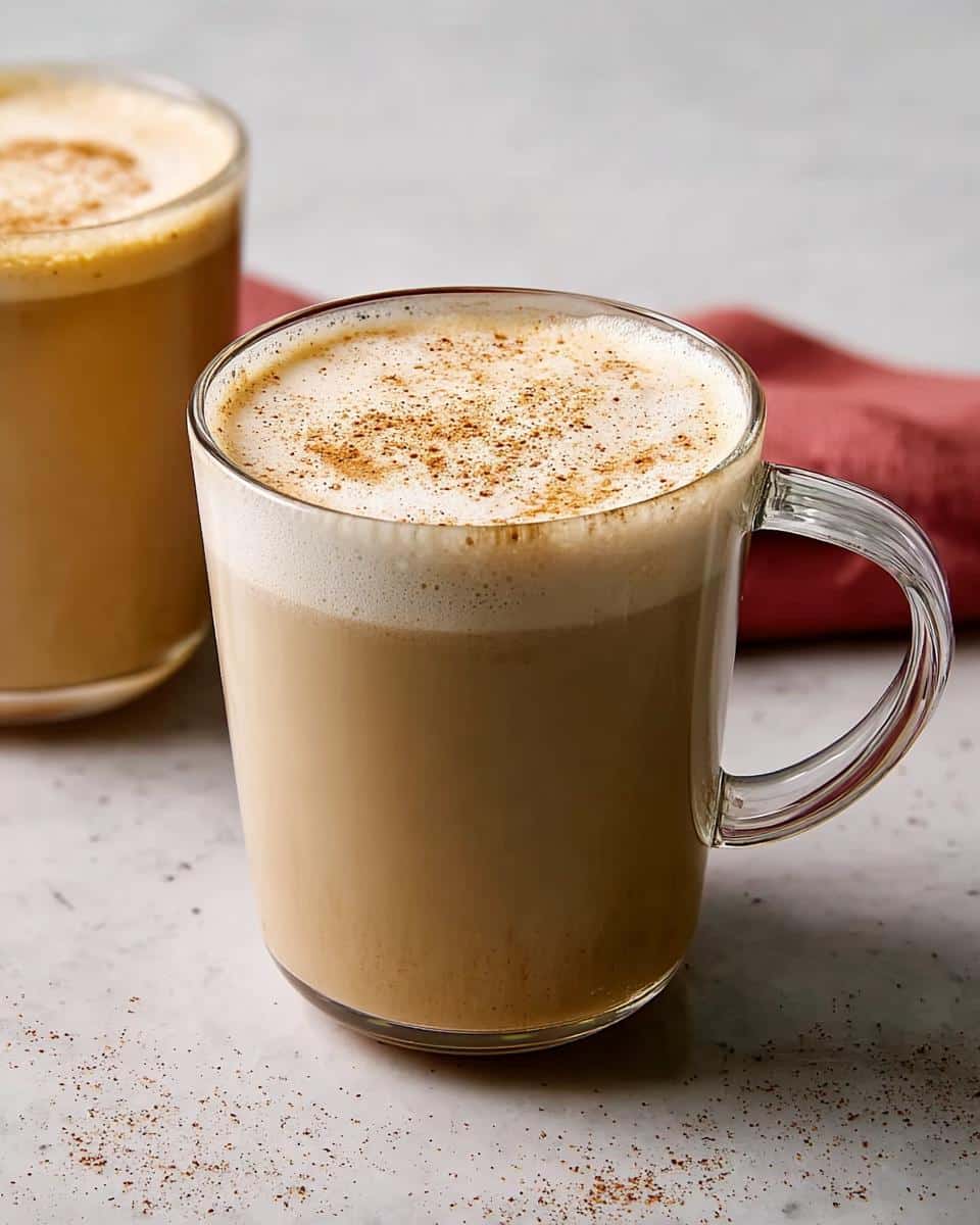 Two clear mugs filled with a creamy Eggnog Latte, topped with foam and a sprinkle of spice.