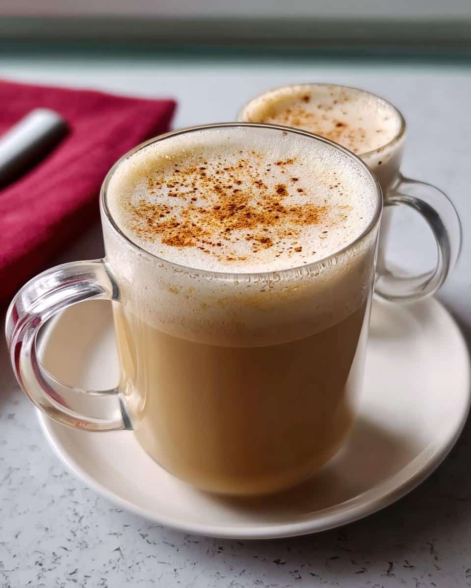 Two clear glass mugs filled with Eggnog Latte, topped with foam and spice, on a white saucer.