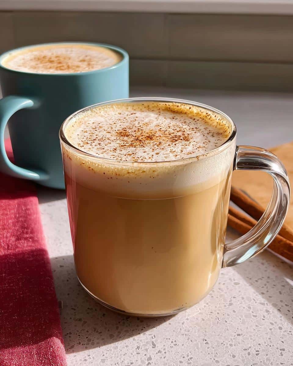 Two mugs of Eggnog Latte, one in a clear glass mug, topped with foam and sprinkled with spice.