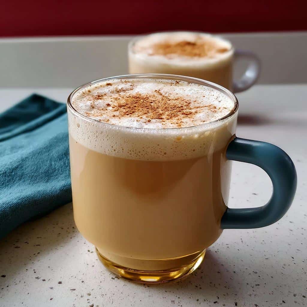 Two mugs of Eggnog Latte with foamy tops and cinnamon sprinkles, ready to enjoy.