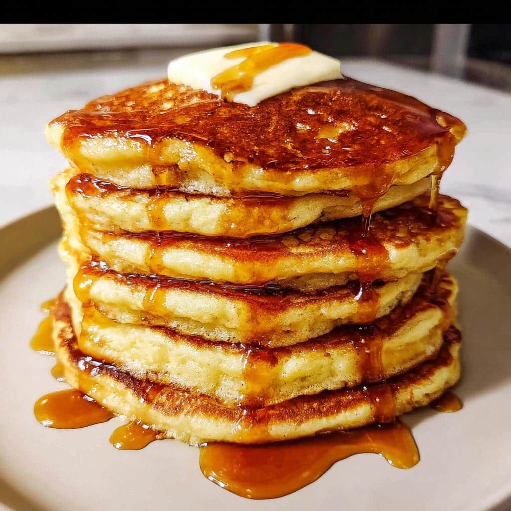 A stack of Eggnog Pancakes with Maple Cream and butter on top, dripping with syrup.