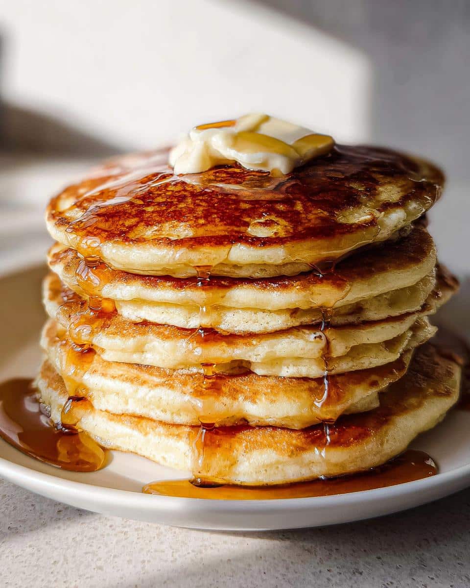 A stack of golden Eggnog Pancakes with Maple Cream, topped with butter and dripping with syrup.