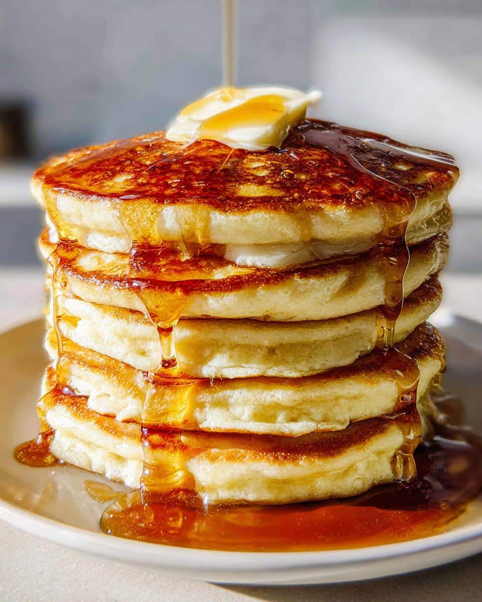 A stack of fluffy Eggnog Pancakes with Maple Cream, topped with butter and dripping with syrup.