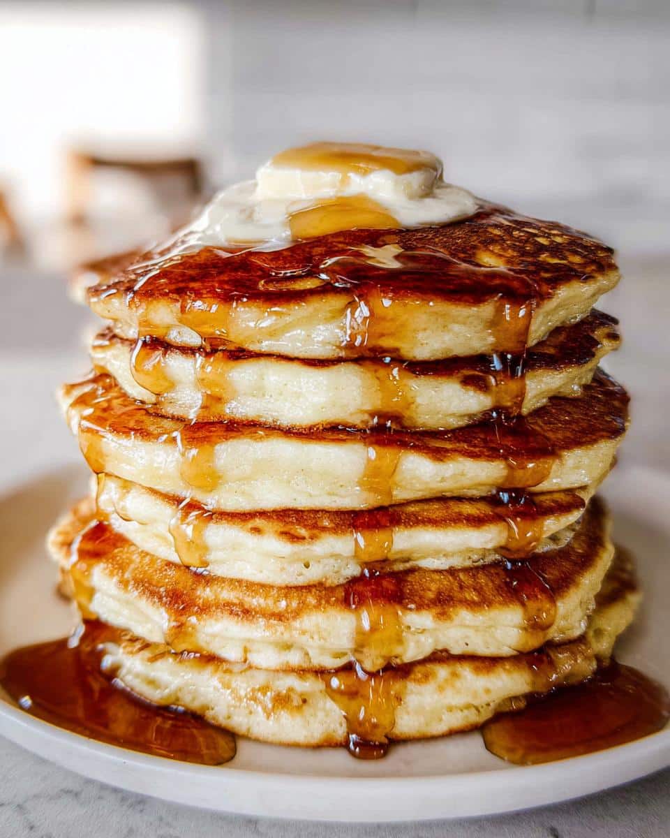 A stack of Eggnog Pancakes, topped with maple cream and drizzled with syrup on a white plate.