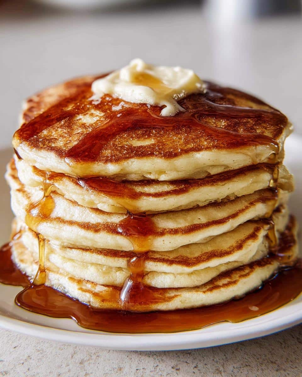 A stack of golden Eggnog Pancakes with Maple Cream, topped with butter and dripping with syrup.