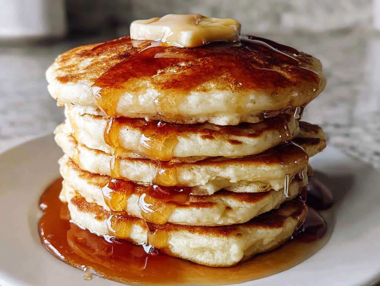 A stack of fluffy Eggnog Pancakes drizzled with maple cream and topped with butter.