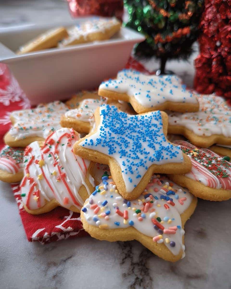 Pile of decorated Eggnog Sugar Cookies with icing and sprinkles on a red holiday napkin.