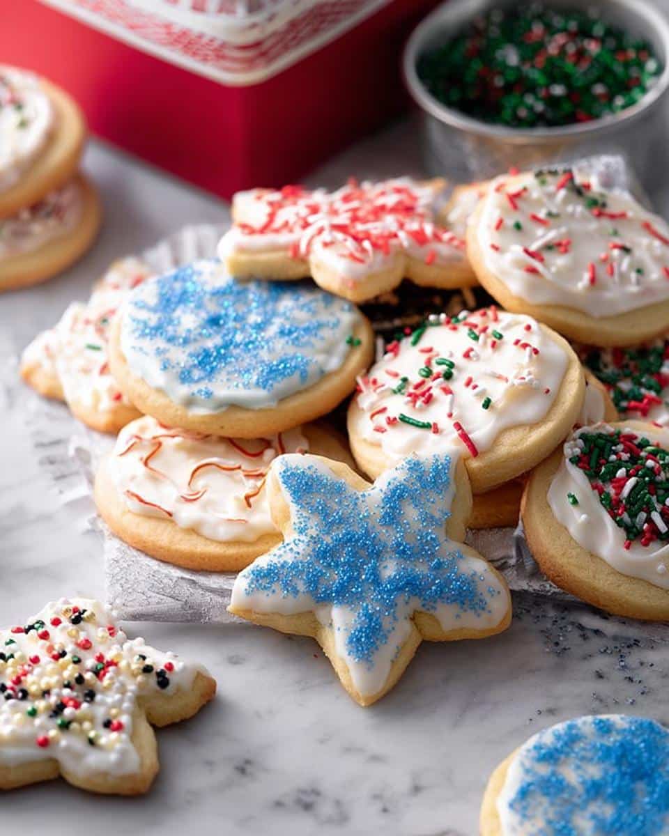 A pile of decorated Eggnog Sugar Cookies with colorful sprinkles and icing, ready for the holidays.