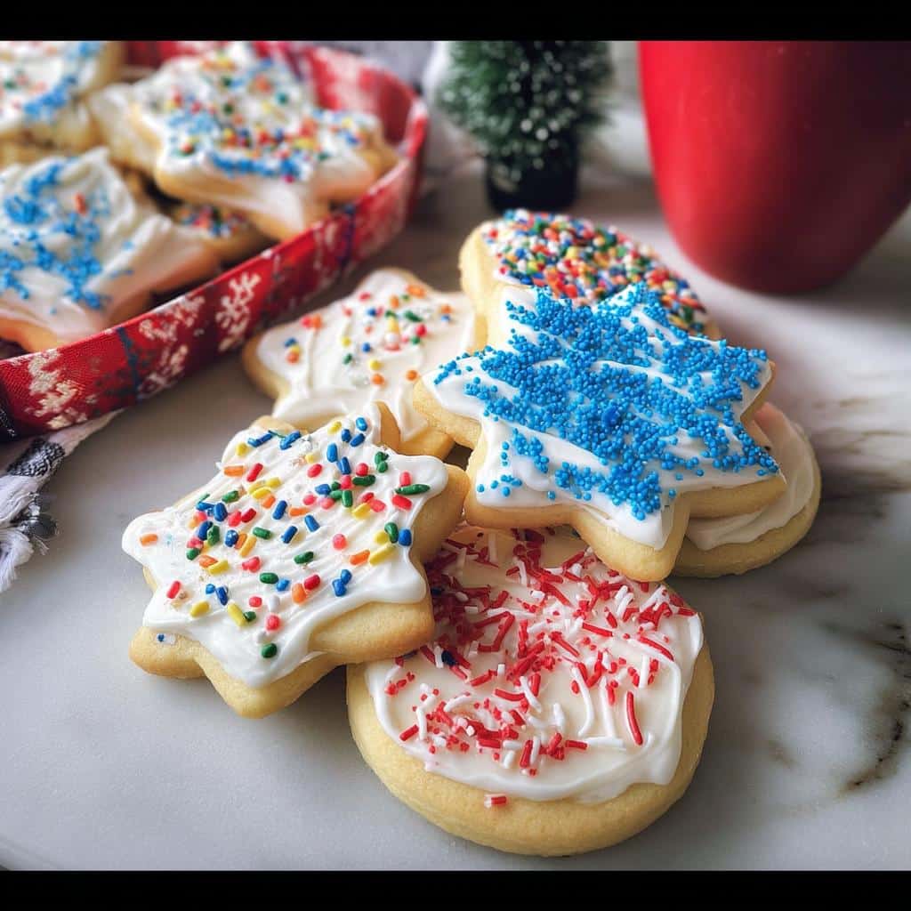 A pile of decorated Eggnog Sugar Cookies with white icing and colorful sprinkles, some shaped like stars and circles.