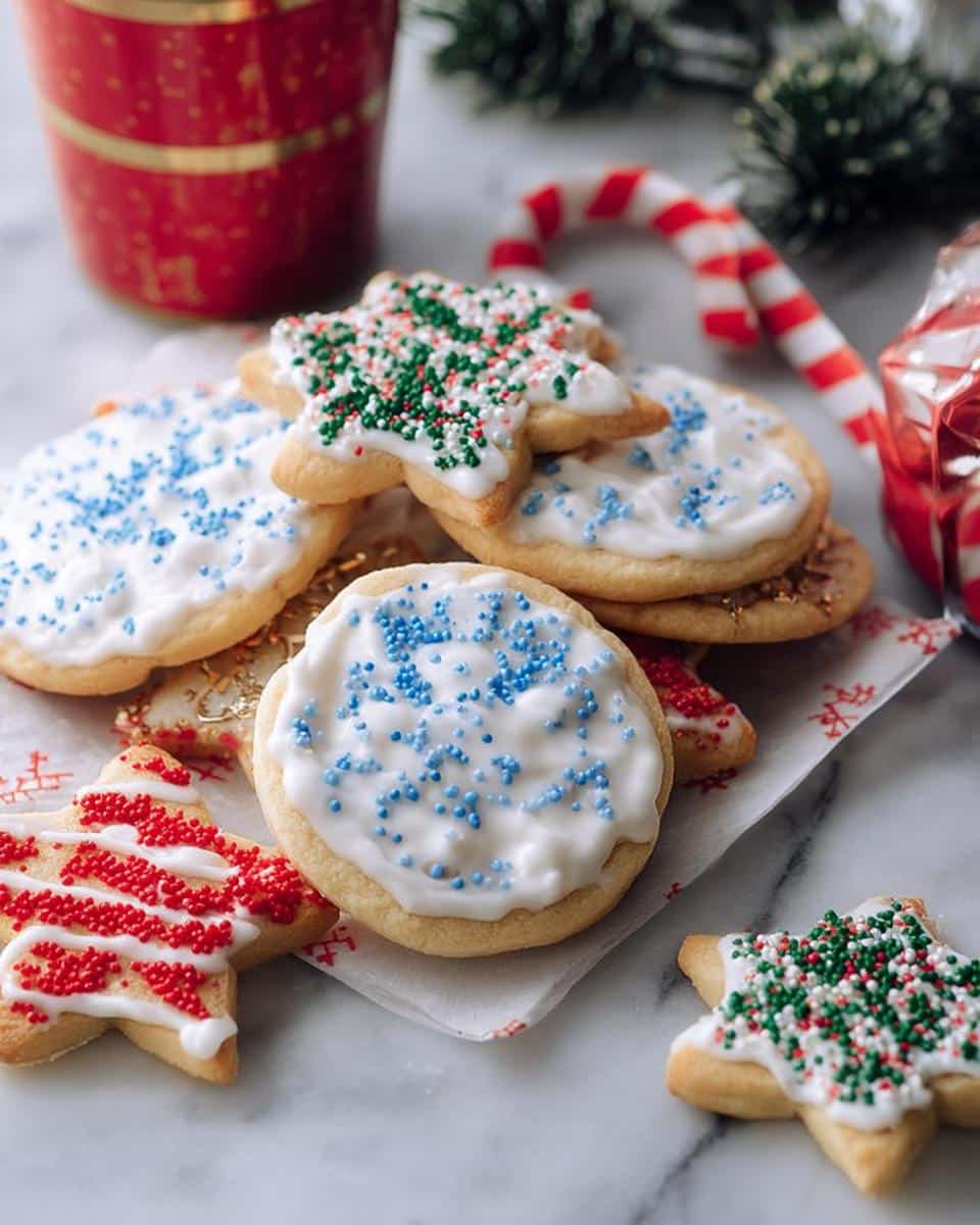 A pile of decorated Eggnog Sugar Cookies, including star and round shapes, topped with colorful sprinkles and white icing.
