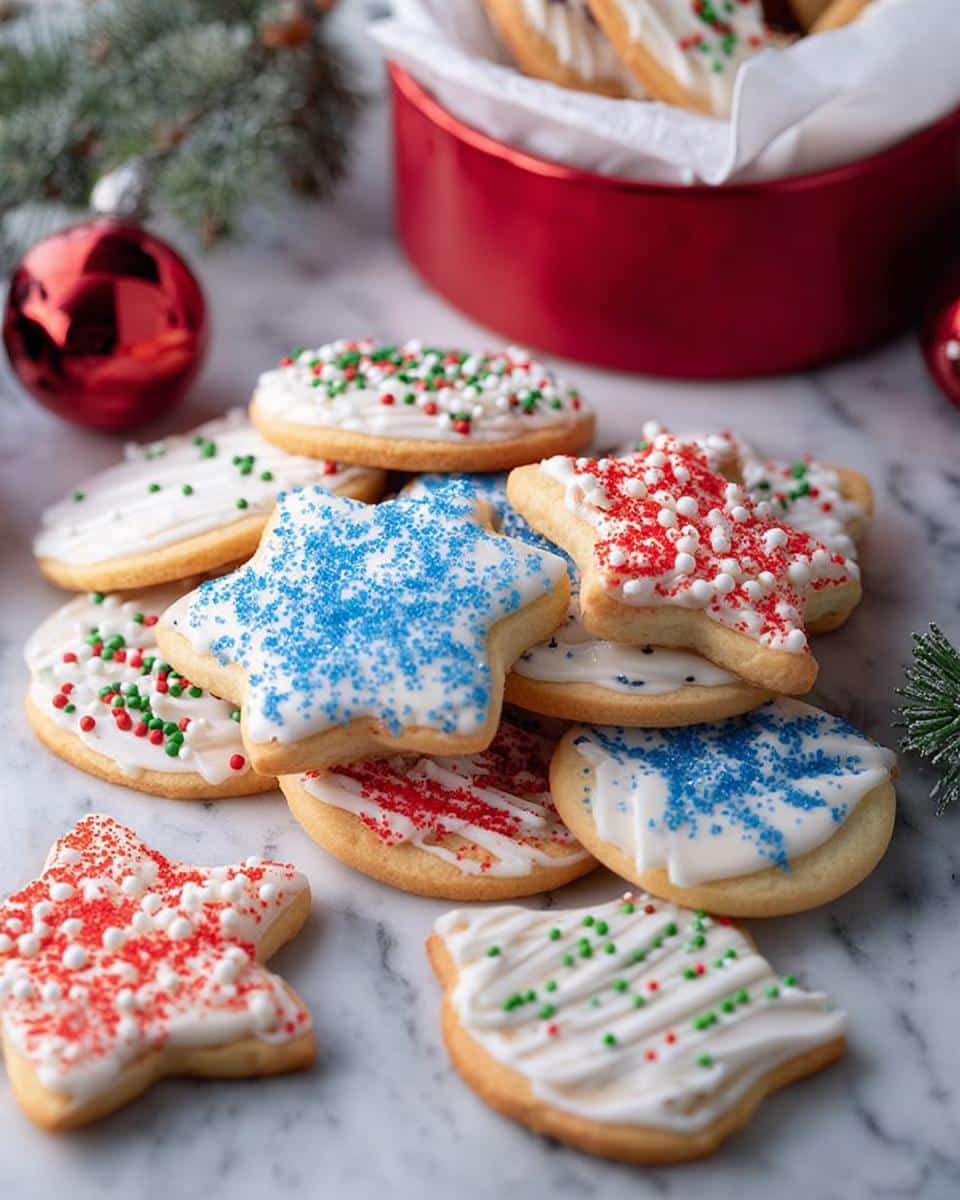 A pile of decorated Eggnog Sugar Cookies with colorful sprinkles, including star shapes, on a marble surface.