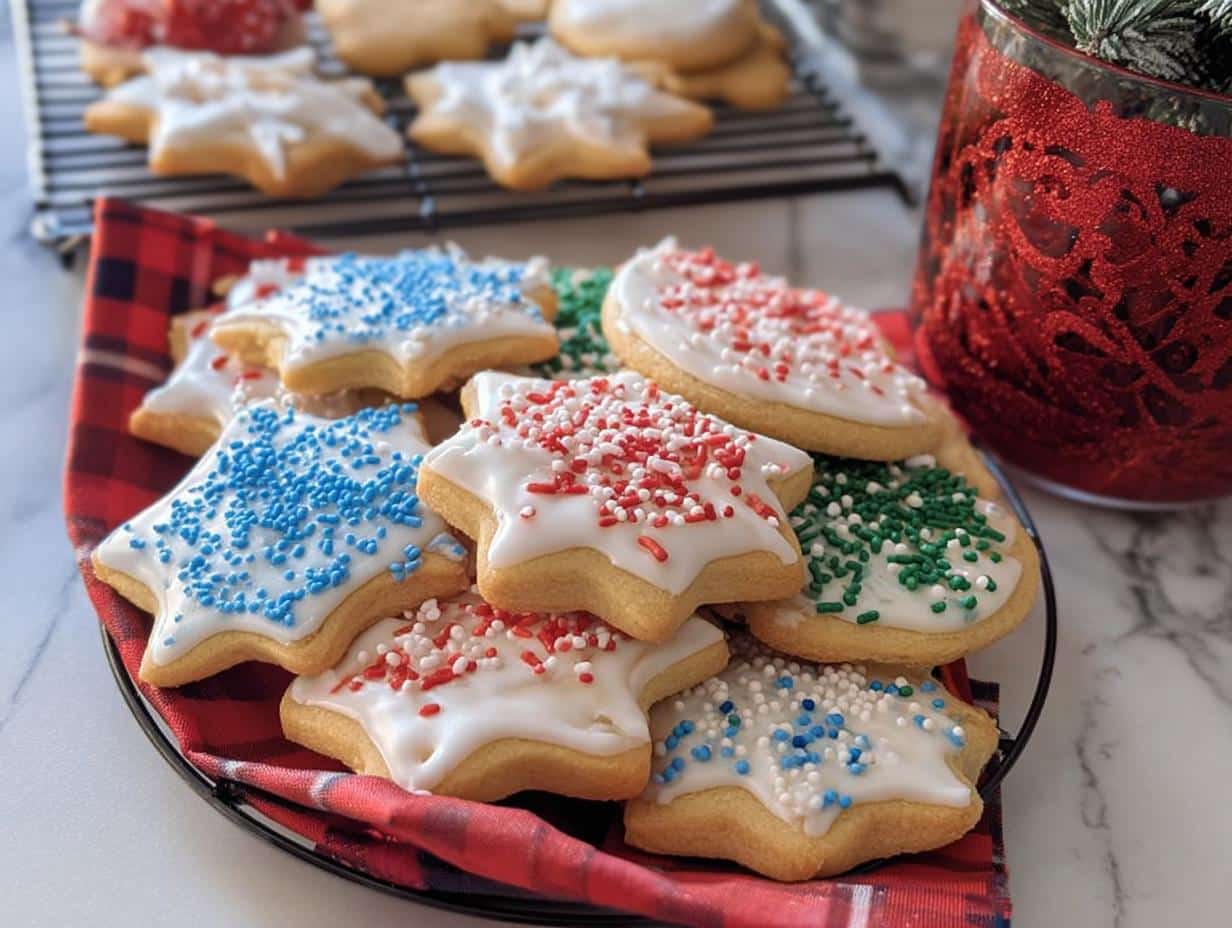 Star-shaped Eggnog Sugar Cookies decorated with white icing and colorful sprinkles on a plate.