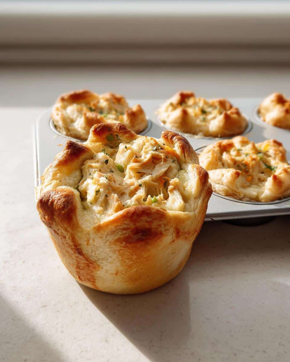 A close-up of a freshly baked Freezer-Friendly Mini Chicken Pot Pie with a golden crust, sitting next to a muffin tin.