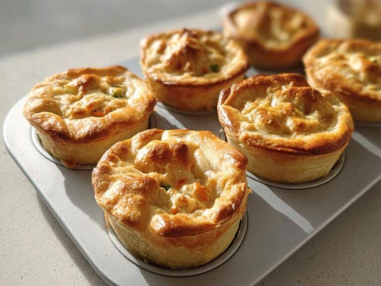 Several golden-brown Freezer-Friendly Mini Chicken Pot Pies baked in a muffin tin, fresh from the oven.