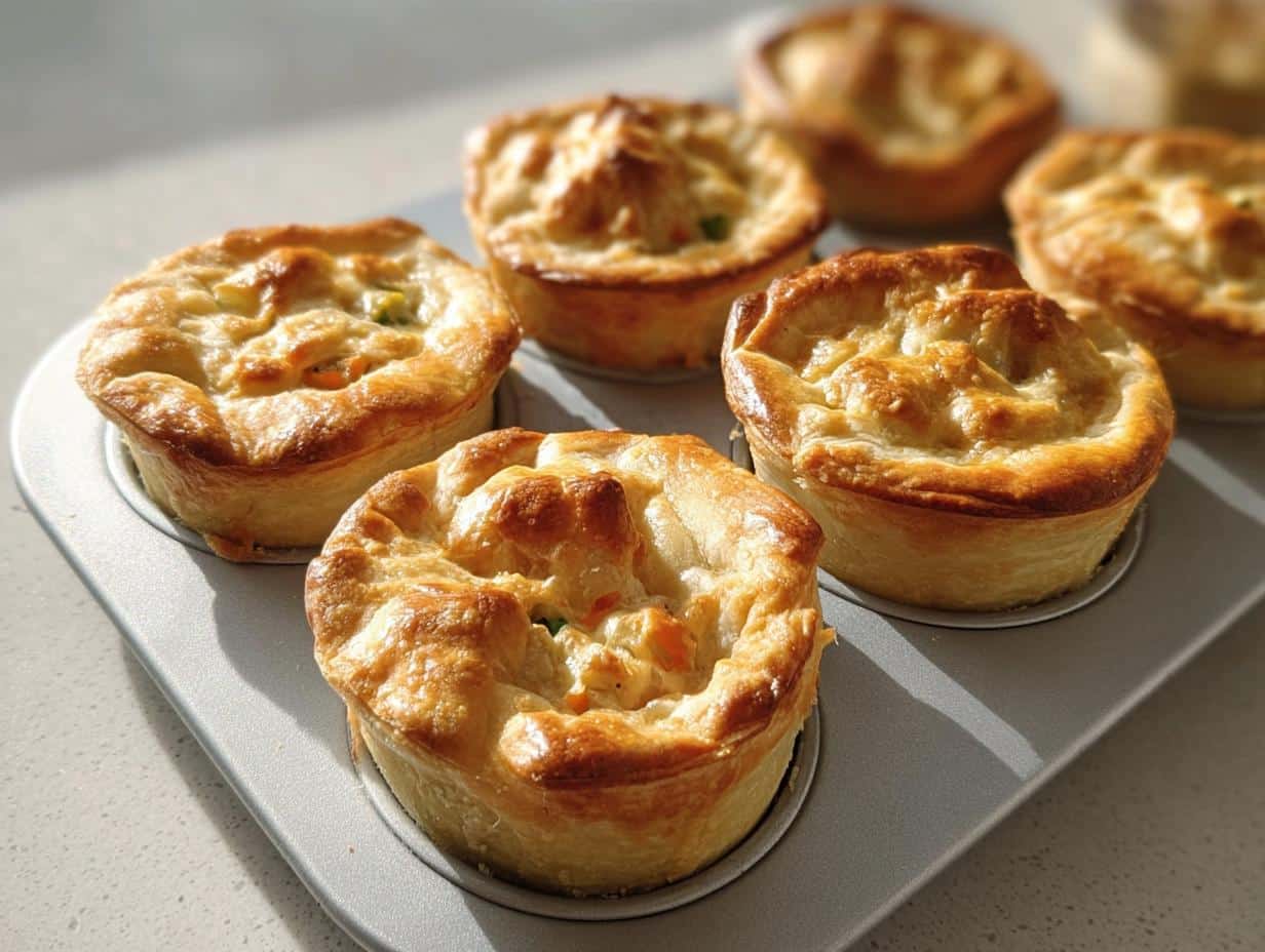 Several golden-brown Freezer-Friendly Mini Chicken Pot Pies baked in a muffin tin, fresh from the oven.
