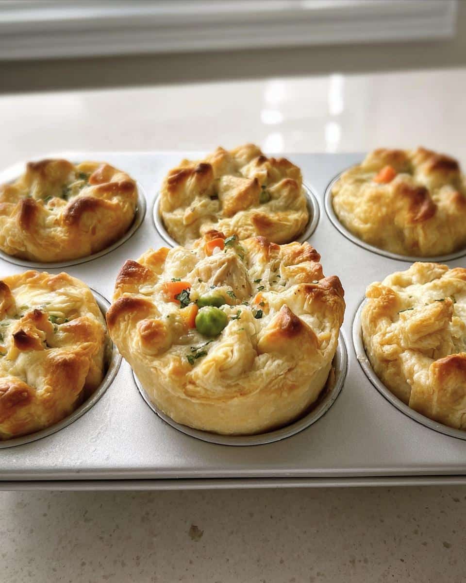 Six golden-brown Freezer-Friendly Mini Chicken Pot Pies baking in a metal muffin tin.