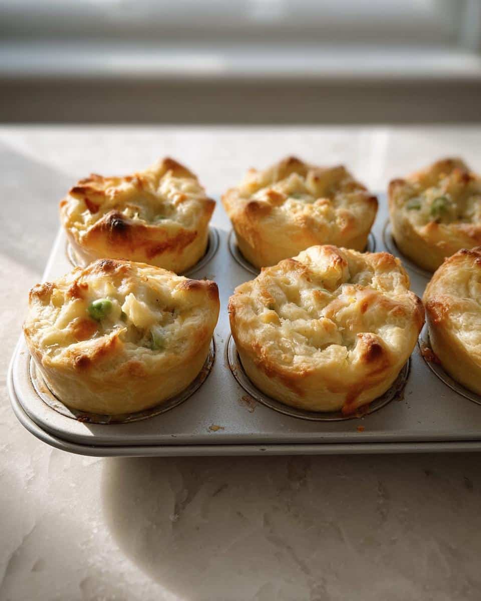 Six golden-brown Freezer-Friendly Mini Chicken Pot Pies baked in a muffin tin, showing flaky crust and creamy filling.