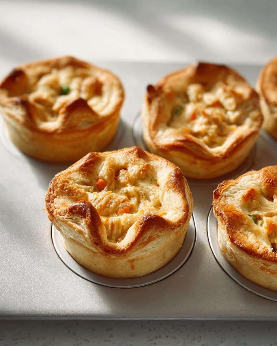 Freshly baked Freezer-Friendly Mini Chicken Pot Pies with flaky golden crusts in a muffin tin.