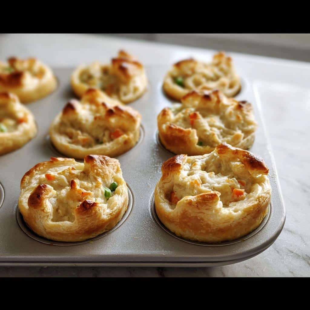 Close-up of golden, flaky Freezer-Friendly Mini Chicken Pot Pies baking in a muffin tin.