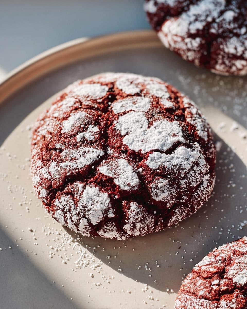 Close-up of a fudgy red velvet crinkle cookie dusted with powdered sugar on a plate.