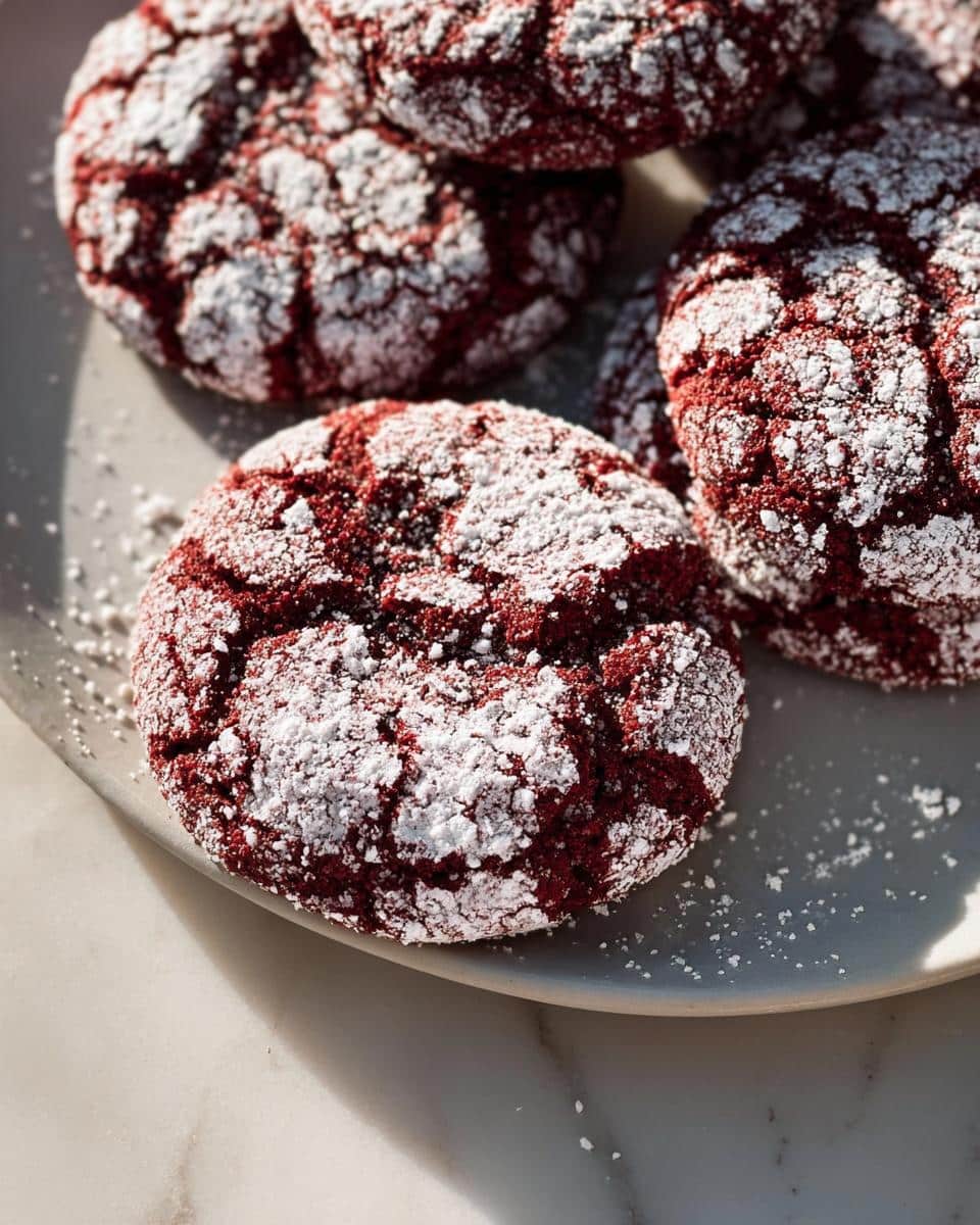 A plate of freshly baked Fudgy Red Velvet Crinkle Cookies, heavily dusted with powdered sugar.