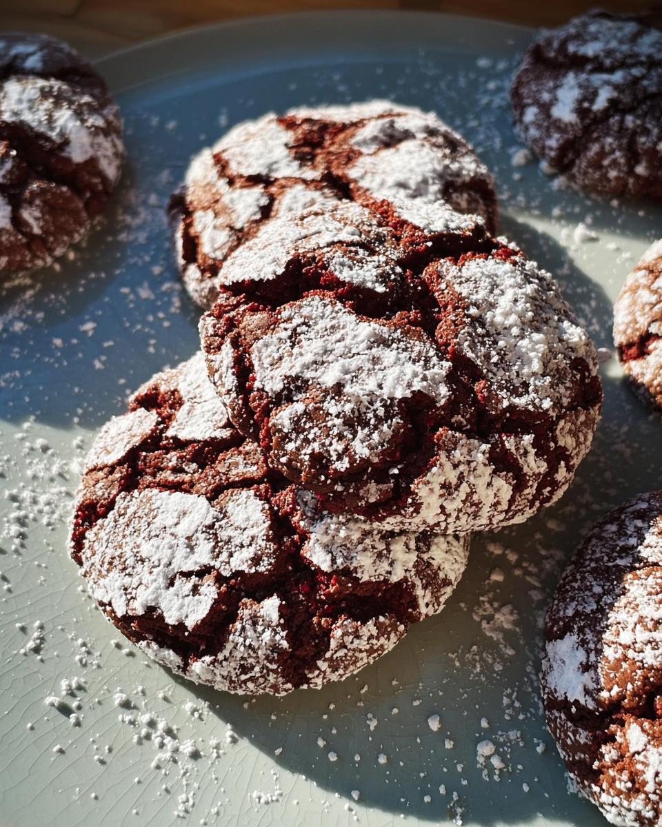 A stack of fudgy red velvet crinkle cookies dusted with powdered sugar on a plate.