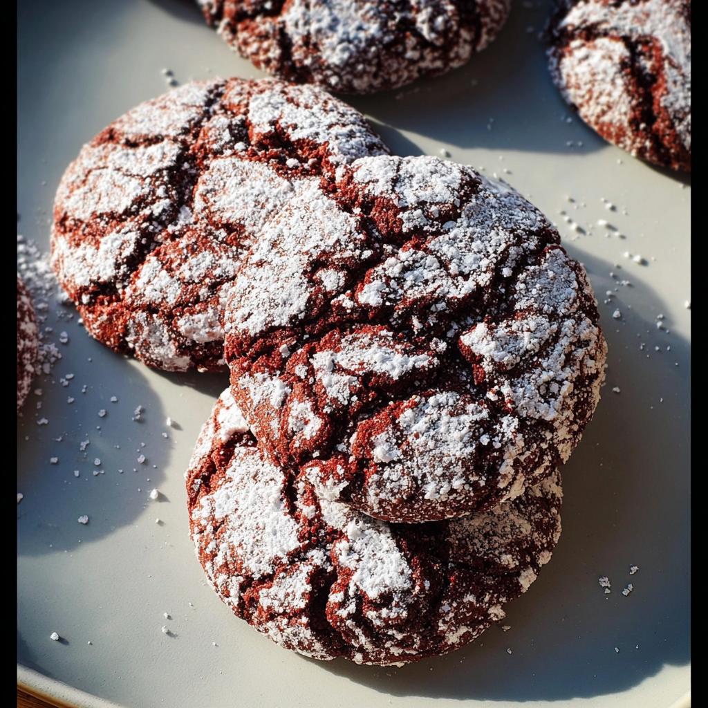 A stack of fudgy red velvet crinkle cookies, heavily dusted with powdered sugar on a plate.