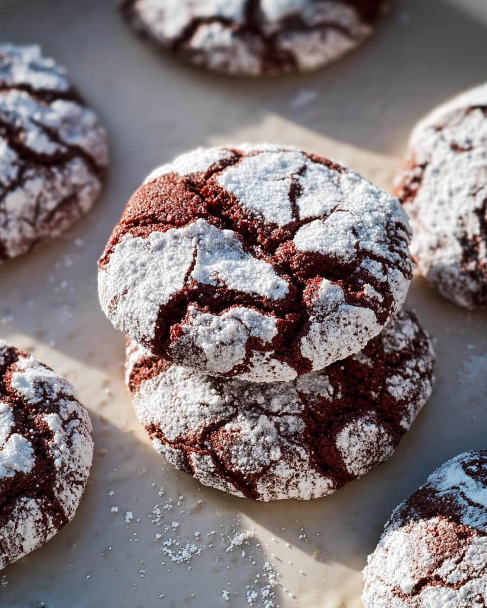 A stack of two fudgy red velvet crinkle cookies, heavily dusted with powdered sugar, surrounded by more cookies.