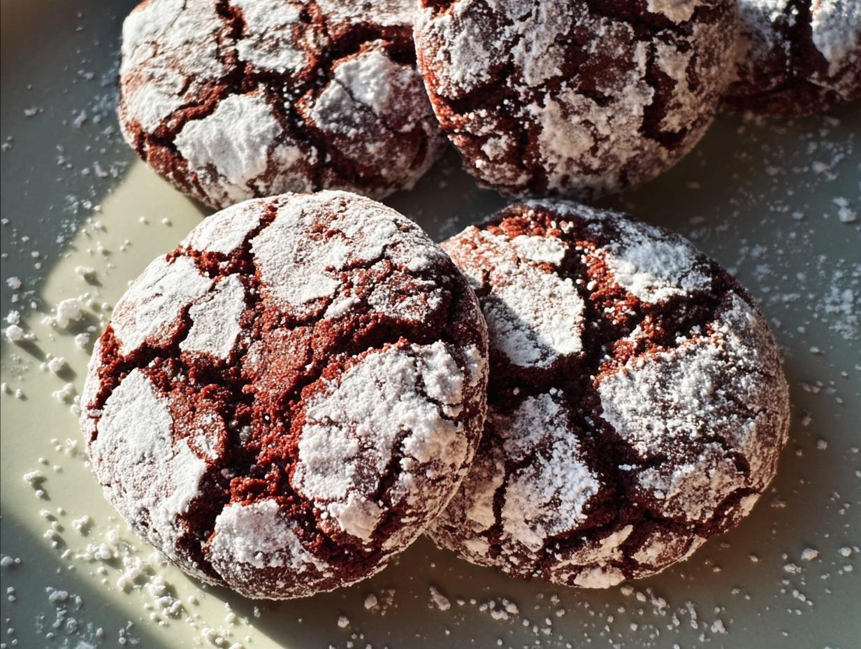 Close-up of fudgy red velvet crinkle cookies dusted with powdered sugar on a plate.
