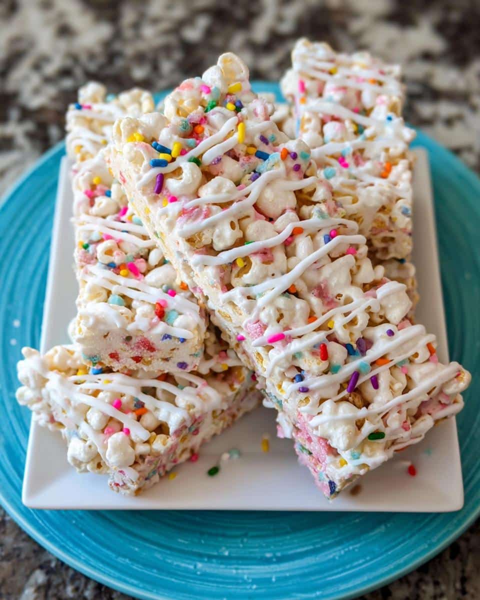 A stack of Funfetti Marshmallow Popcorn Treats bars drizzled with white icing and colorful sprinkles.
