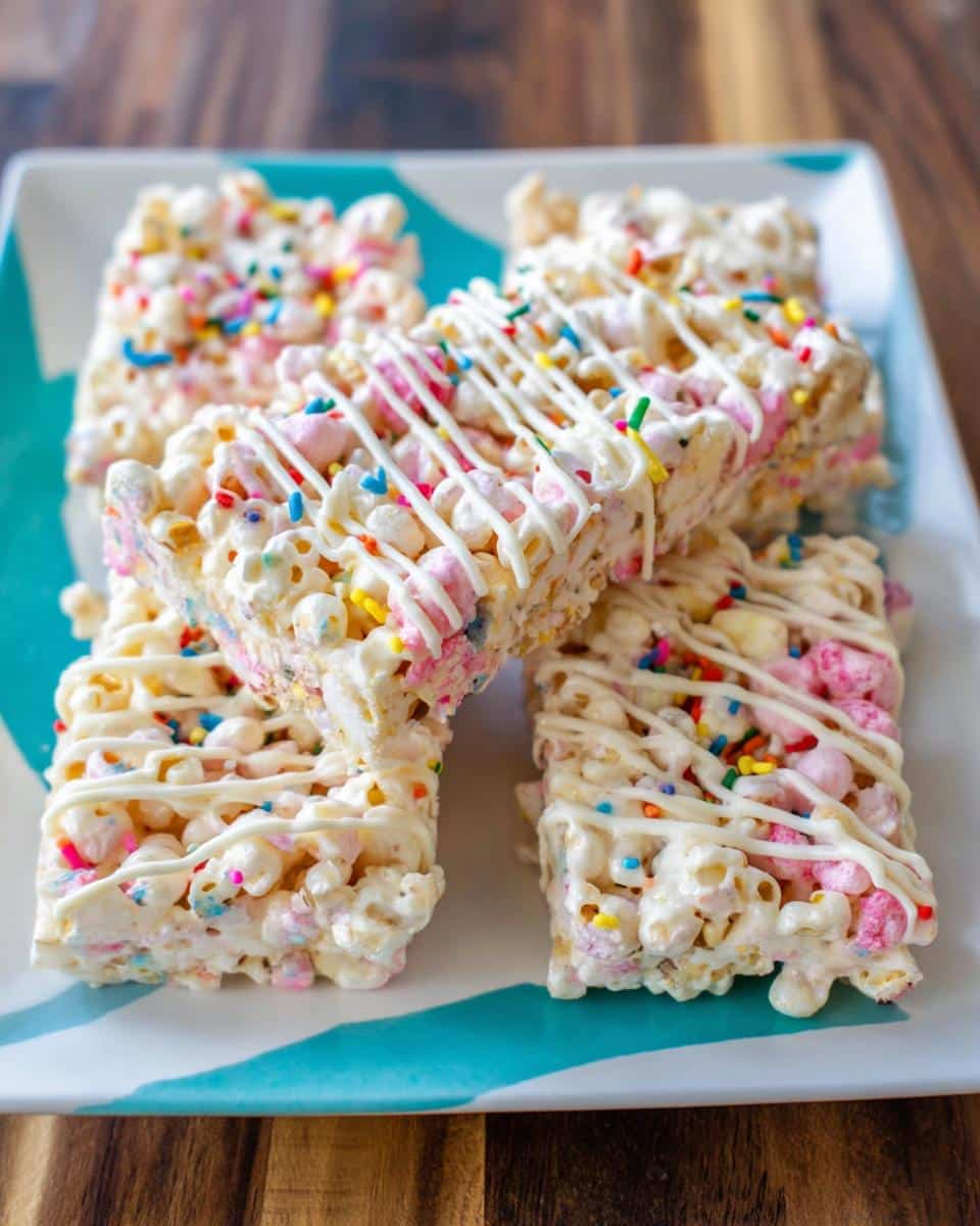 Four rectangular Funfetti Marshmallow Popcorn Treats bars stacked on a plate, drizzled with white chocolate.