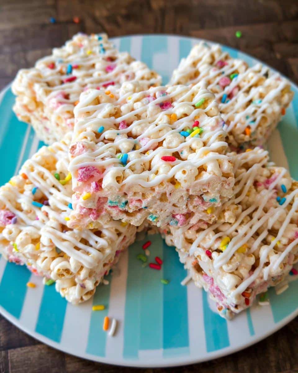 Four square Funfetti Marshmallow Popcorn Treats drizzled with white icing and colorful sprinkles on a blue striped plate.
