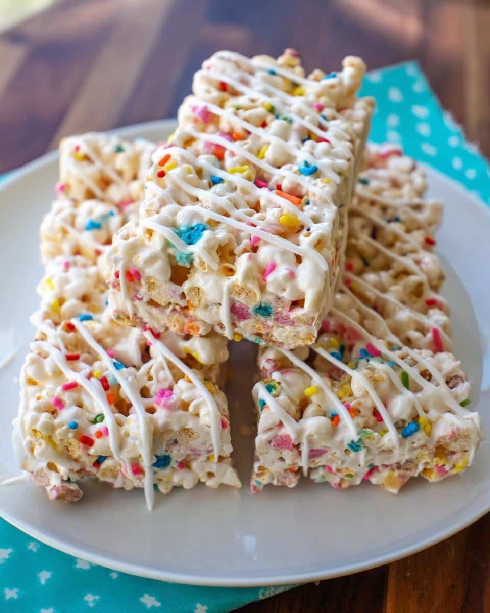 A stack of four Funfetti Marshmallow Popcorn Treats drizzled with white icing and colorful sprinkles.