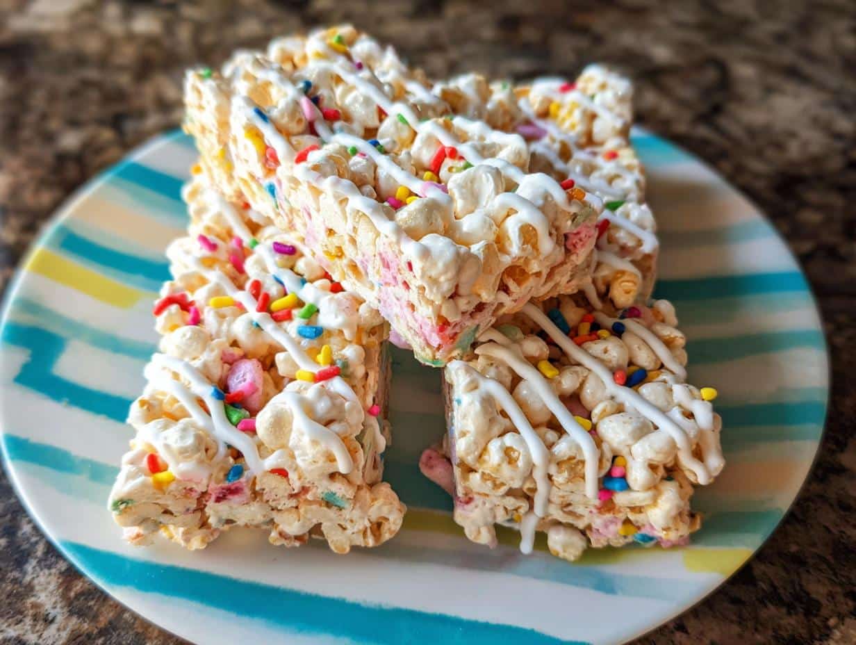 A stack of four Funfetti Marshmallow Popcorn Treats drizzled with white icing and colorful sprinkles.