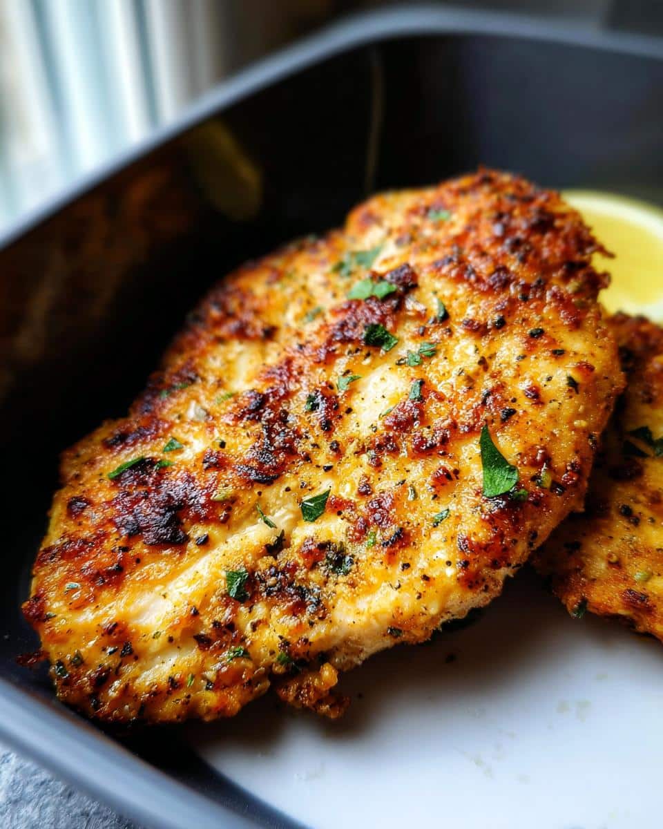 Close-up of a perfectly cooked Garlic Parmesan Air Fryer Chicken breast with a golden-brown, seasoned crust and parsley.