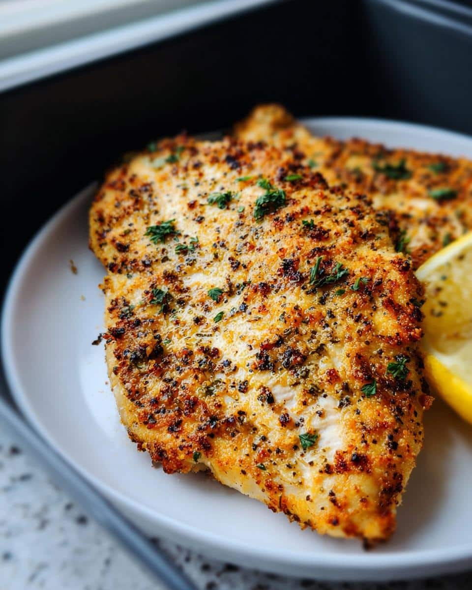 Close-up of a golden brown Garlic Parmesan Air Fryer Chicken fillet topped with herbs on a white plate.