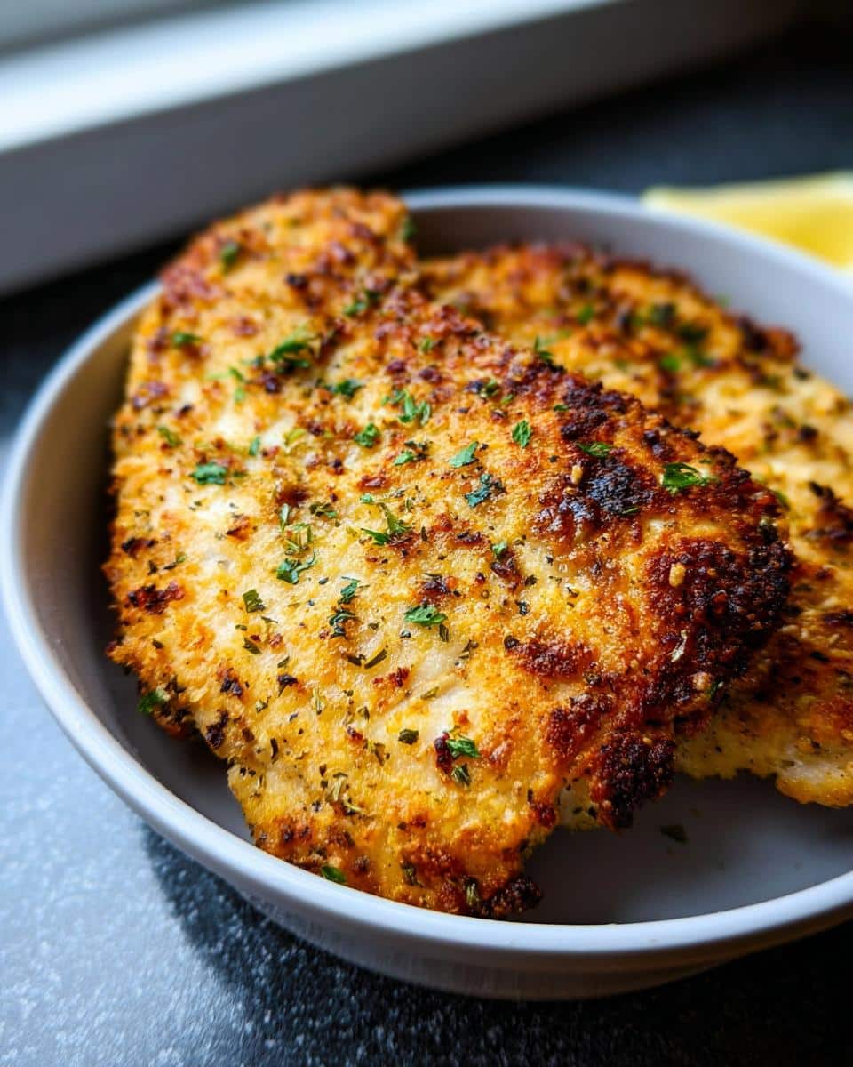 Close-up of two crispy Garlic Parmesan Air Fryer Chicken fillets garnished with parsley in a bowl.