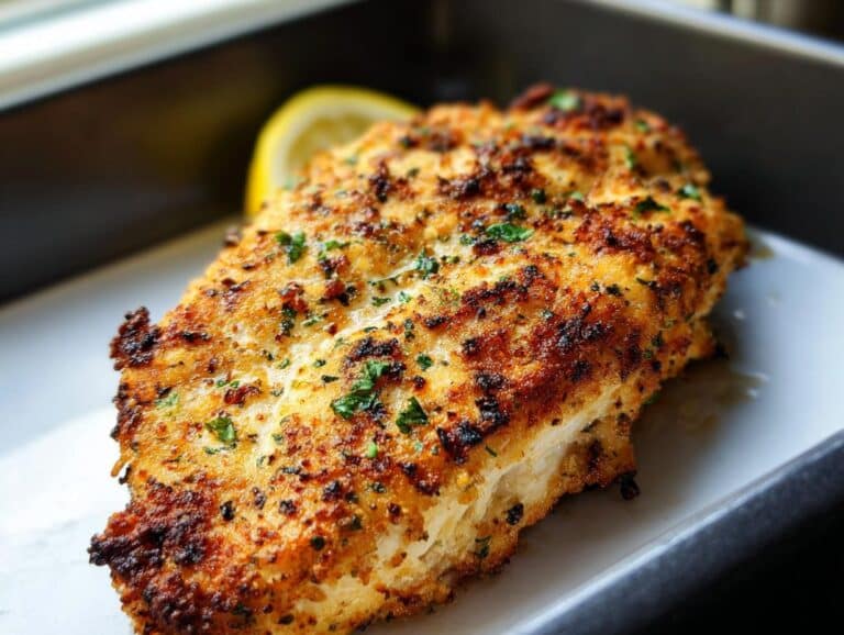Close-up of a perfectly cooked Garlic Parmesan Air Fryer Chicken breast with a golden, crispy crust and parsley garnish.