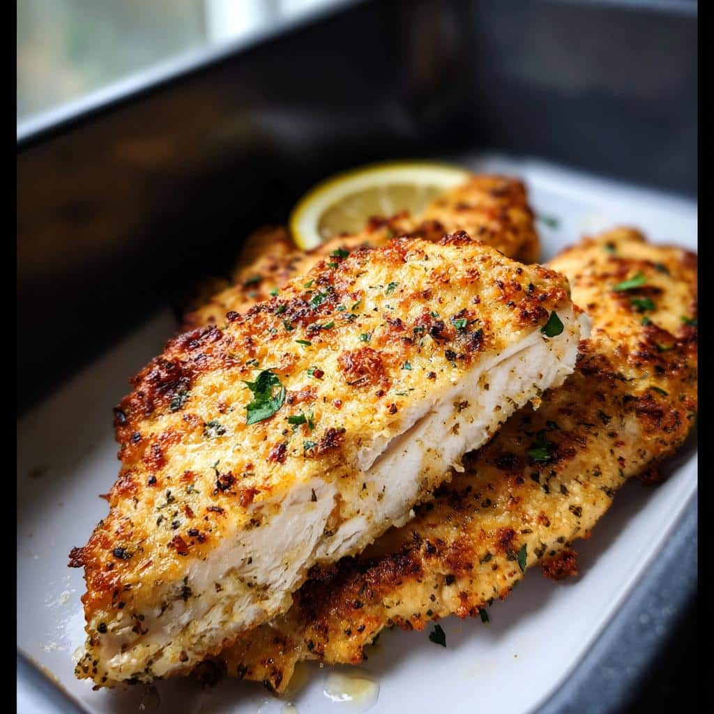 Close-up of Garlic Parmesan Air Fryer Chicken, showing a juicy white interior and golden, seasoned crust.