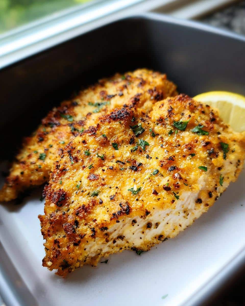 Close-up of two crispy, golden brown Garlic Parmesan Air Fryer Chicken fillets garnished with parsley and a lemon wedge.